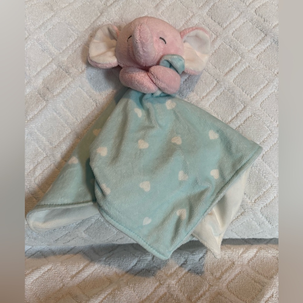 2017 Carter’s Elephant Plush Lovey Security Blanket Pink green White Hearts 14”